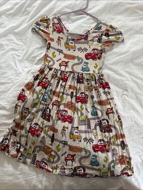 Girls' Beige Cars Print Short Sleeve Dress